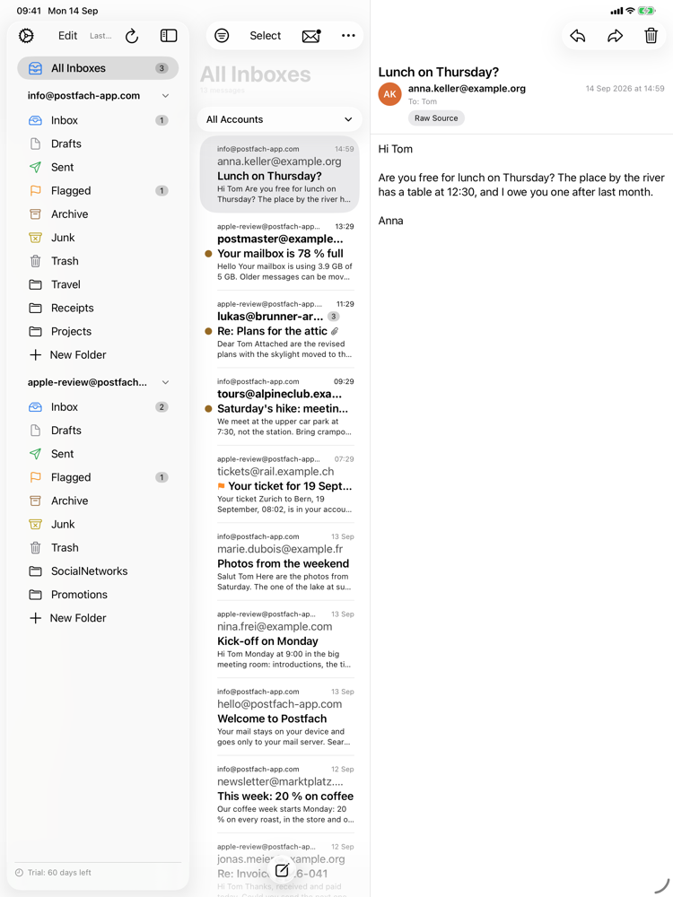 Postfach on the iPad: the mailboxes, the list, and a message side by side
