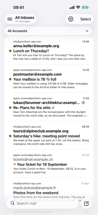 Postfach on the iPhone: the inbox