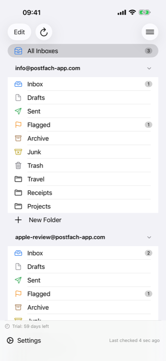 Postfach on the iPhone: the mailboxes drawer