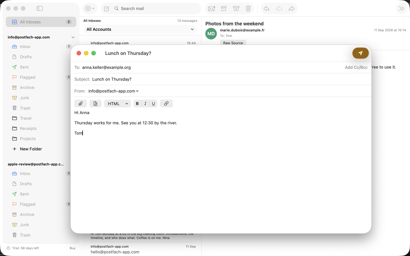 Postfach on the Mac: writing a new message