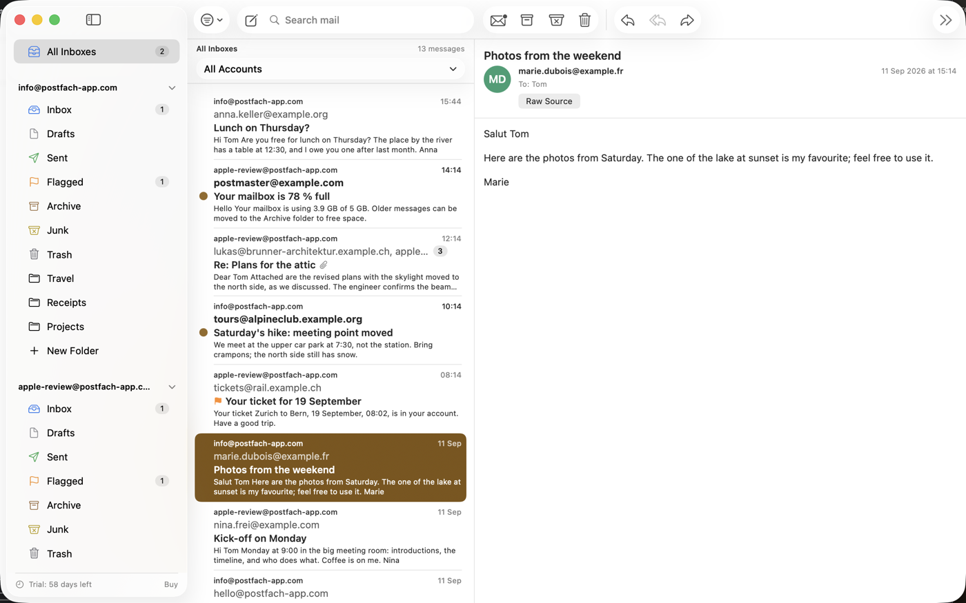 Postfach on the Mac: the inbox with a message open