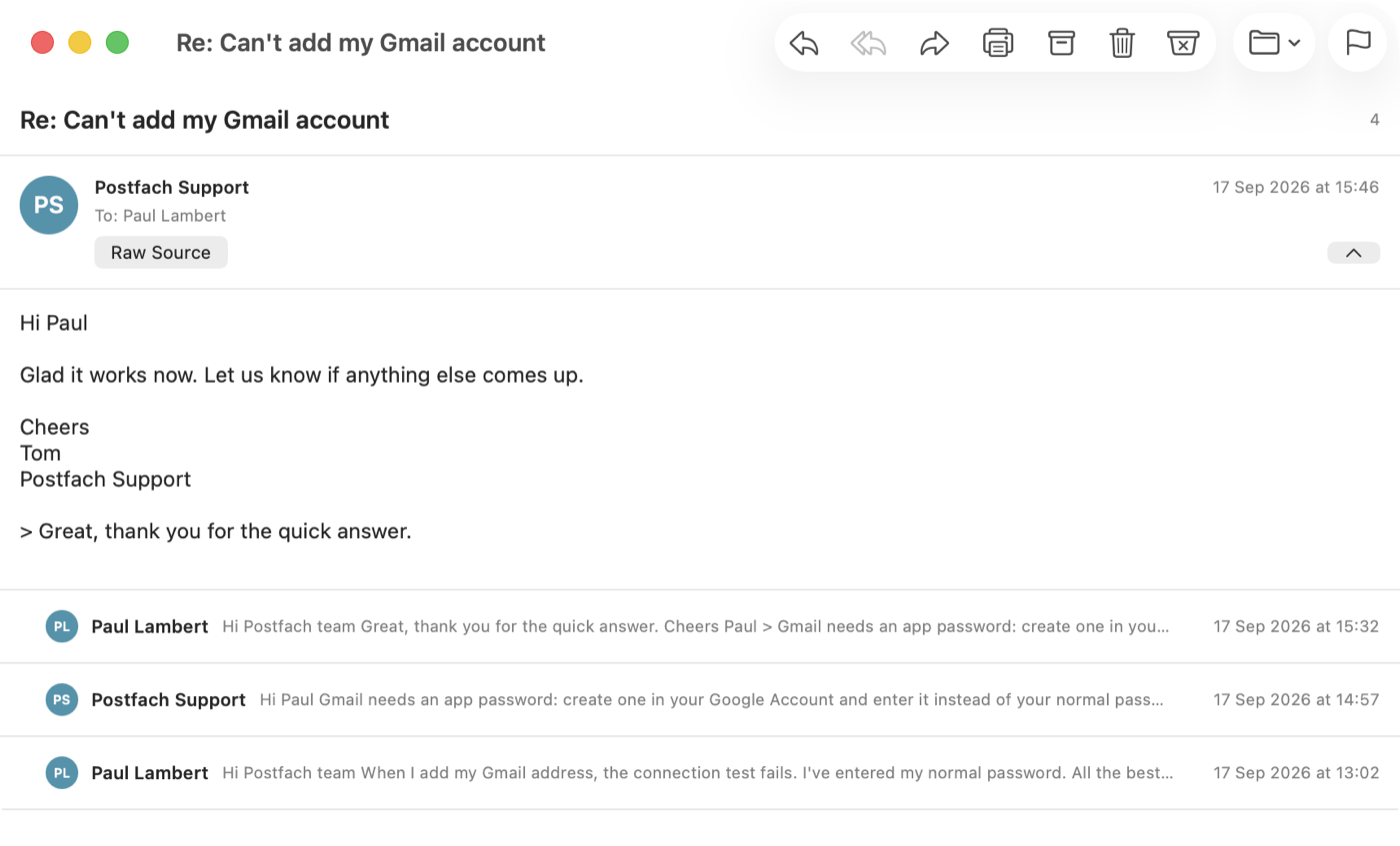 A support conversation about adding a Gmail account open in a window of its own, with Reply, Forward, Print, Archive, Delete, Junk, Move, and Flag in its toolbar